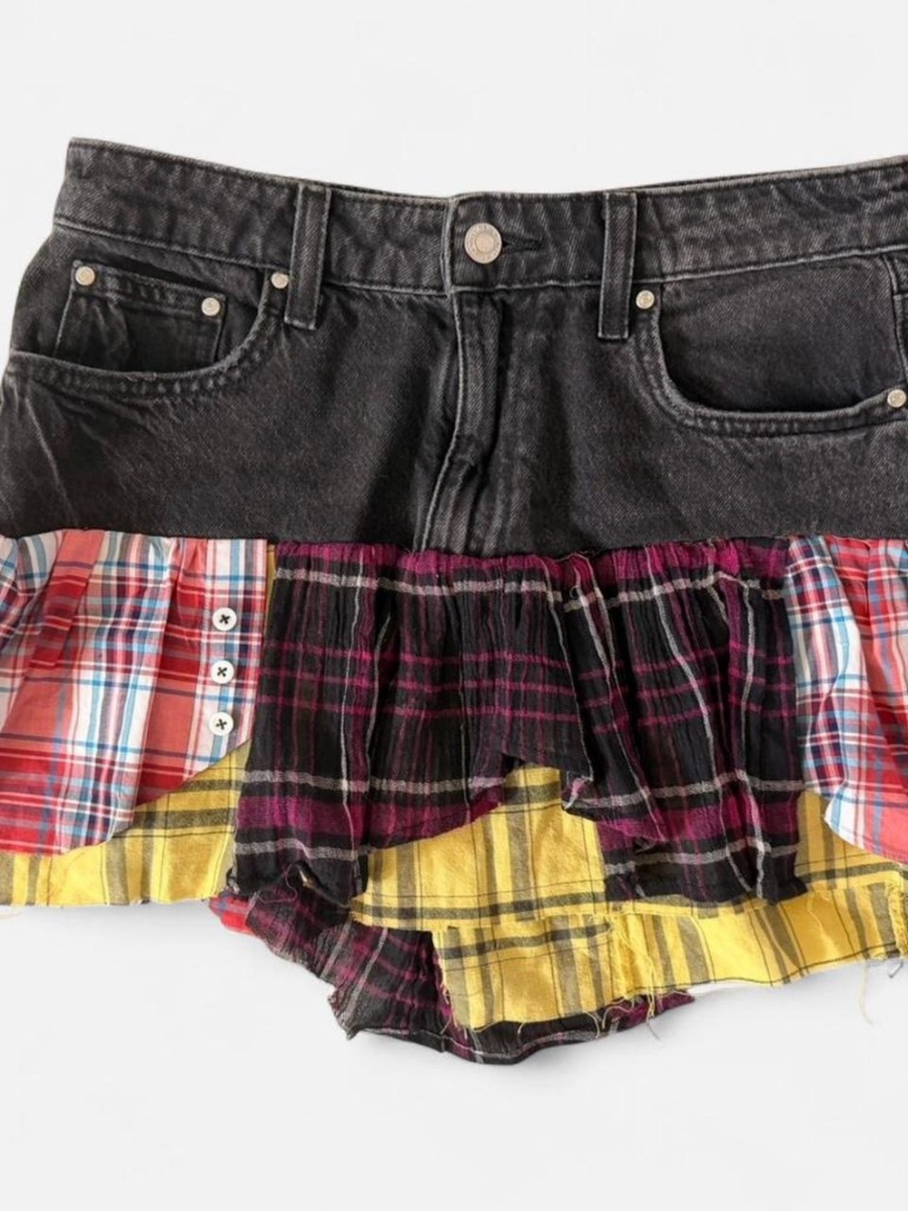 Handmade Black Denim Mini Skirt with Multicolor Plaid Patchwork Ruffle